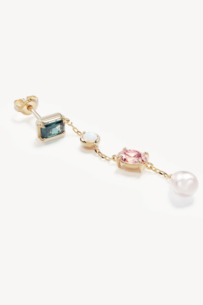 Macro close-up product shot of a single By Charlotte You Are Infinite Drop Chain Earring in 18k Gold Plated laid flat, detailing the delicate fine link chain connecting multi-colored gemstones and a freshwater pearl.