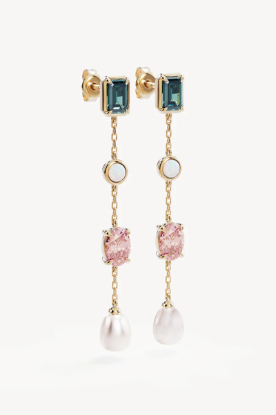 Studio product shot of the By Charlotte You Are Infinite Drop Chain Earrings in 18k Gold Plated, featuring a pair of linear chain drop earrings set with a green tourmaline post, lab-grown opal, pink cubic zirconia, and a freshwater pearl drop.