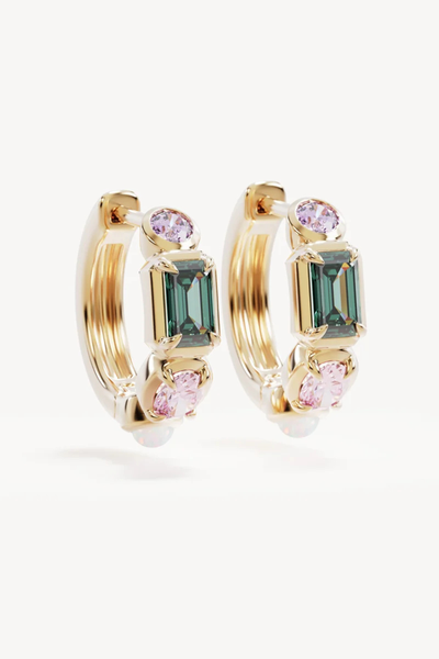 Studio product shot of the By Charlotte You Are Infinite Hoops in 18k Gold Plated, featuring a pair of small huggie hoops set with emerald-cut nano tourmaline Paraiba, oval pink cubic zirconia, amethyst, and lab-grown opal.