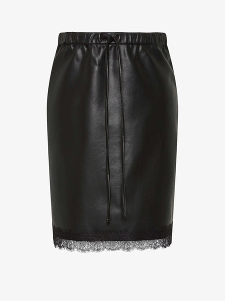 Front view product flat lay of the Bec + Bridge Saphira Midi Skirt in Black faux leather, featuring an elastic waistband with leather drawstring and delicate lace trim hem.