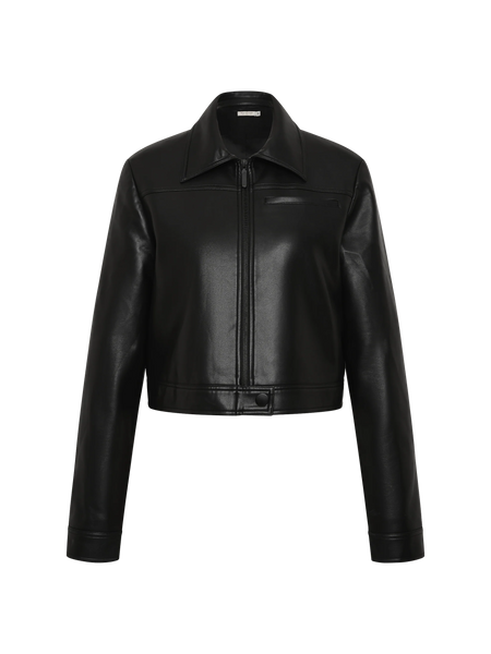 Front view product flat lay of the Bec + Bridge Saphira Cropped Jacket in Black faux leather, featuring a pointed collar, welt breast pocket, and matte black zip closure.