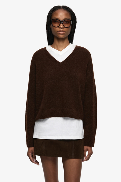 Relaxed Campbell V Cropped Jumper in a rich Dark Chocolate brown, featuring a wide V-neckline and a fuzzy mohair-wool texture.