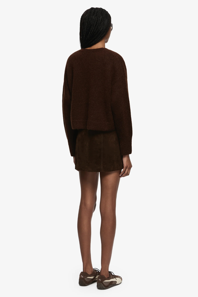 Back profile highlighting the airy yet warm quality of the mohair-wool blend in a sophisticated deep brown hue.