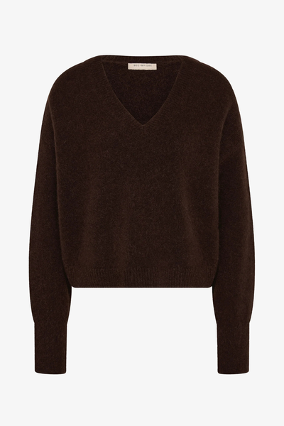 A close-up of the Dark Chocolate knit, highlighting the plush, halo-like texture of the Superkid Mohair and wool blend.