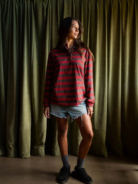 THRILLS -  CONDITIONS APPLY STRIPE LONG SLEEVE POLO - BITTER CHOCOLATE - PERTH BOUTIQUE - AUSTRALIAN BOUTIQUE - WA BOUTIQUE - INTERNATIONAL SHIPPING - USA SHIPPING - PERTH STORES - PERTH STORE - AUSTRALIA - WA - WESTER AUSTRALIA - WOMENS FASHION - FASHION - CLOTHING - JEWELLERY - INSTORE - CLICK AND COLLECT - EXPRESS SHIPPING - LOCAL - WA STOCKIST - PERTH STOCKIST - AUSTRALIAN STOCKIST - STOCKIST