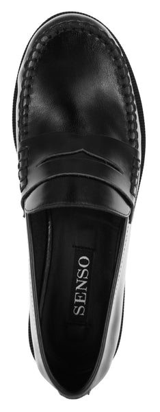 Top-down product view of a single Senso Cooper III black leather loafer, highlighting the moccasin toe detail, penny strap, and internal logo patch.