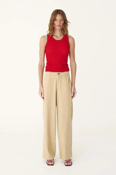 SHOP ROWIE CARLOTTA LINEN CURVE PANTS IN KHAKI ONLINE