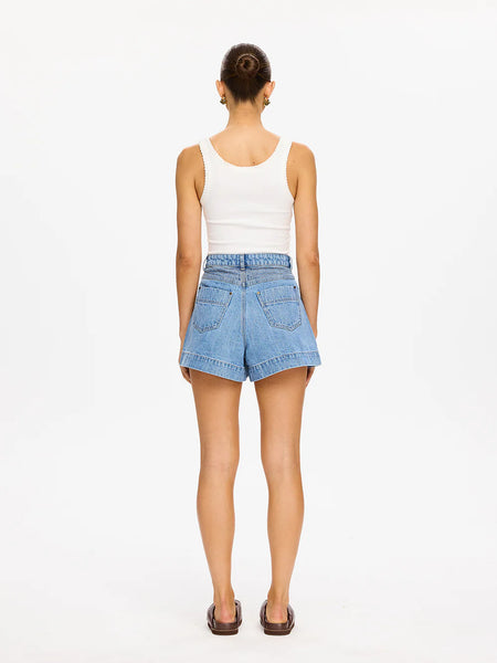 Full back view of the Celene Denim Shorts in Stonewash, highlighting the clean back profile and high-waisted, flattering fit.