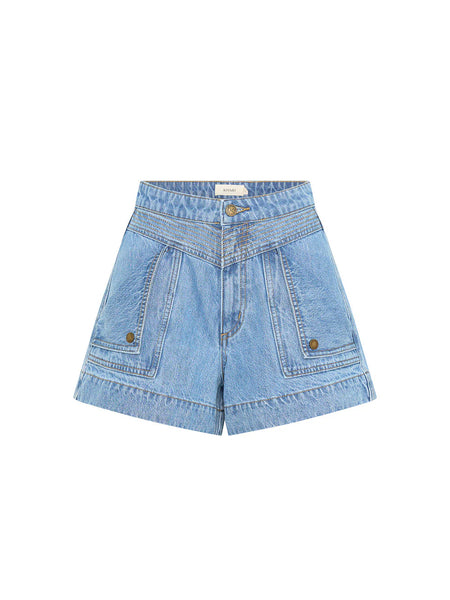 Front ghost mannequin view of the Celene Denim Shorts in Stonewash, showcasing the signature fold-over front pockets and contrast topstitching.
