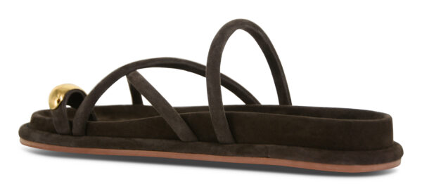 A rear-view horizontal crop centering on the flat heel base, illustrating the clean profile of the low rubber sole and durable stitching at the heel cup.
