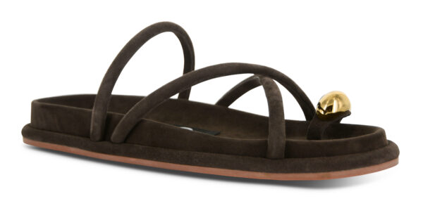 A direct front-on product slice highlighting the polished gold metallic toe ring detail and the asymmetrical crossover pattern of the cocoa suede kid upper straps.