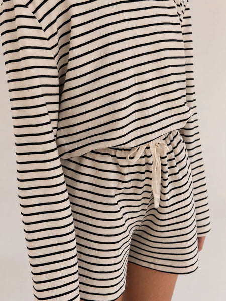 Close-up detail shot showcasing the elasticated waistband, functional cotton drawcord, and textured heavy-weight cotton-blend fabric of the Zulu & Zephyr Jersey Sport Short in Black Stripe.