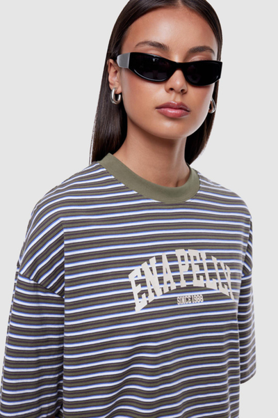 Close-up portrait of a model wearing dark sunglasses and a green multi-striped t-shirt highlighting the contrast ribbed crew neck and white arched "Ena Pelly" text print.