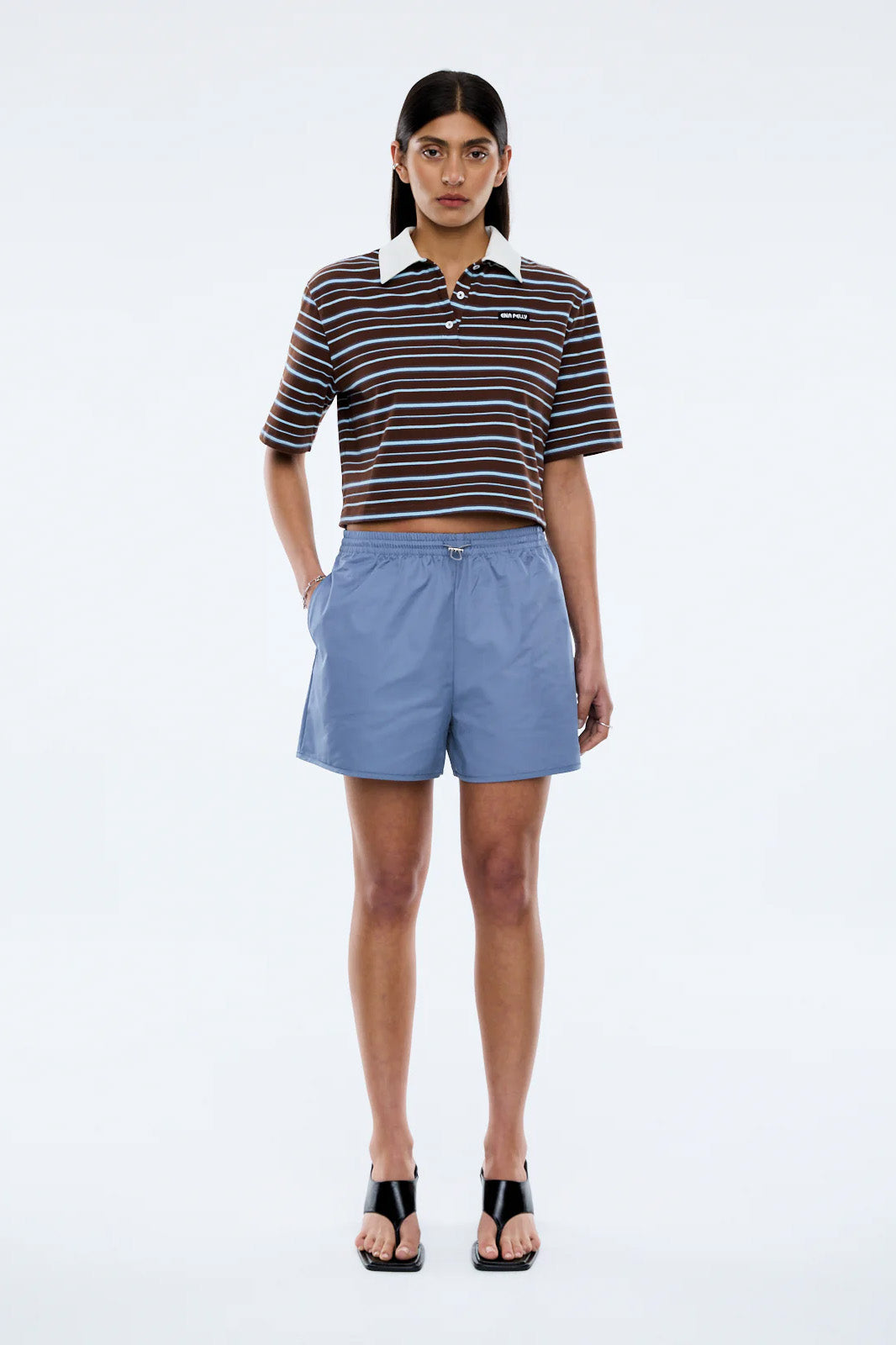 ENA PELLY - VIOLET SHORT SLEEVE POLO - BLUE CHOC STRIPE - PERTH BOUTIQUE - AUSTRALIAN BOUTIQUE - WA BOUTIQUE - INTERNATIONAL SHIPPING - USA SHIPPING - PERTH STORES - PERTH STORE - AUSTRALIA - WA - WESTER AUSTRALIA - WOMENS FASHION - FASHION - CLOTHING - WA STOCKIST - PERTH STOCKIST - AUSTRALIAN STOCKIST - STOCKIST