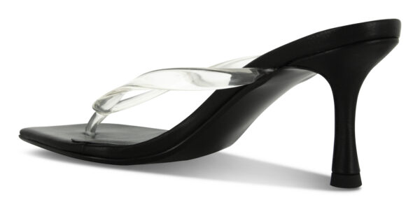 A rear-view horizontal crop centering on the structural block heel base, showcasing its secure integration with the durable resin sole material.