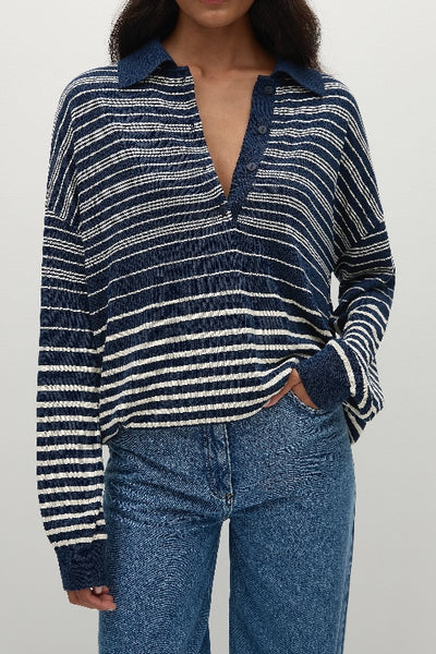 FAITHFULL THE BRAND - HARLOW POLO SCANDI STRIPE - NAVY CREAM  - PERTH BOUTIQUE - AUSTRALIAN BOUTIQUE - WA BOUTIQUE - INTERNATIONAL SHIPPING - USA SHIPPING - PERTH STORES - PERTH STORE - AUSTRALIA - WA - WESTER AUSTRALIA - WOMENS FASHION - FASHION - CLOTHING - WA STOCKIST - PERTH STOCKIST - AUSTRALIAN STOCKIST - STOCKIST
