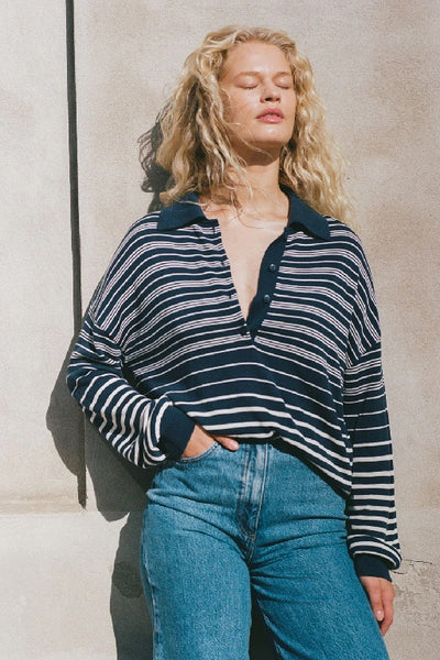 FAITHFULL THE BRAND - HARLOW POLO SCANDI STRIPE - NAVY CREAM  - PERTH BOUTIQUE - AUSTRALIAN BOUTIQUE - WA BOUTIQUE - INTERNATIONAL SHIPPING - USA SHIPPING - PERTH STORES - PERTH STORE - AUSTRALIA - WA - WESTER AUSTRALIA - WOMENS FASHION - FASHION - CLOTHING - WA STOCKIST - PERTH STOCKIST - AUSTRALIAN STOCKIST - STOCKIST
