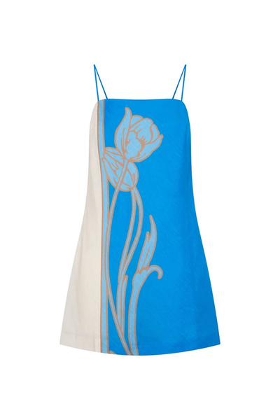 Flat-lay product shot of the KIVARI Fleur Mini Dress in Blue Ivory against a plain white background showing the straight neckline and side contrast paneling.