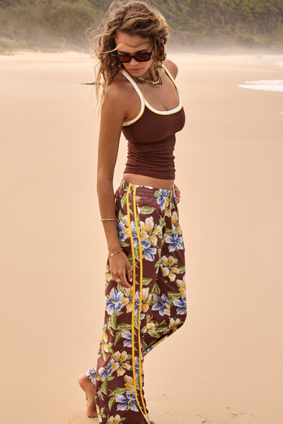 A flat studio front view of the Isla Juliet Pant, showcasing the full-length wide-leg silhouette, the vintage botanical hibiscus print, and the distinct yellow contrast side binds.