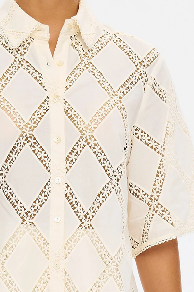Detailed close-up shot of the KIVARI Izzy Shirt in Cream highlighting the signature shell buttons, collar, and intricate crochet lace edging.