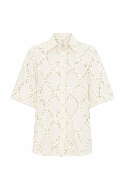 Flat-lay studio product image of the KIVARI Izzy Shirt in Cream on a plain white background showing the short sleeves and button-down front.