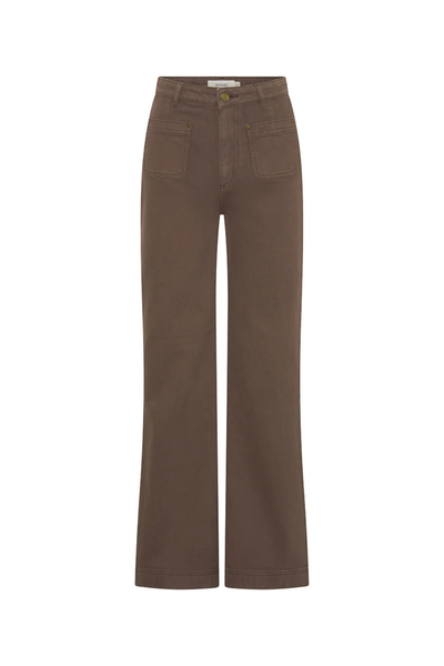A ghost mannequin studio product display of the Dominique Jean in espresso brown against a white background, captured without a model. This isolated flat-lay view highlights the structural symmetry of the high-waisted design, the front patch pockets with contrast topstitching, the central button closure, and the unyielding shape of the rigid 100% cotton fabrication.