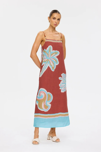 Studio front three-quarter view of a model posing in the maroon patterned midi dress against a plain white background.
