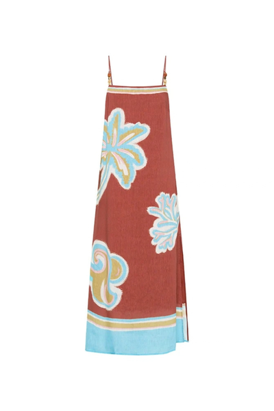Flat product shot of the Kivari Enzo midi dress against a clean white background, showcasing the maroon linen blend, architectural placement-print borders, and abstract botanical motifs.