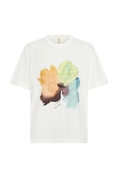 Flat product view of an ivory organic cotton crew-neck t-shirt featuring a centered watercolor floral placement graphic.