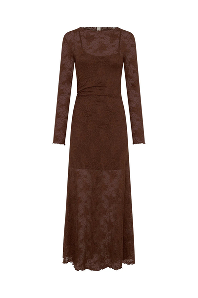 A studio product display of the brown lace maxi dress against a white background, without a model. The flat-lay view highlights the structural lines of the interior scoop-neck jersey slip dress beneath the long-sleeve, high-neck sheer floral lace outer layer.