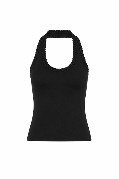 Flat studio layout of the Kivari Rhea Halter Top in Black, showing the fitted silhouette, scoop halter strap, and hand-crocheted embroidered border.