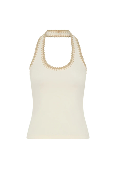 Flat studio layout of the cream Kivari Rhea Halter Top displaying its fitted knit body, scoop halter neck, and contrasting hand-crocheted embroidered scalloped trim.