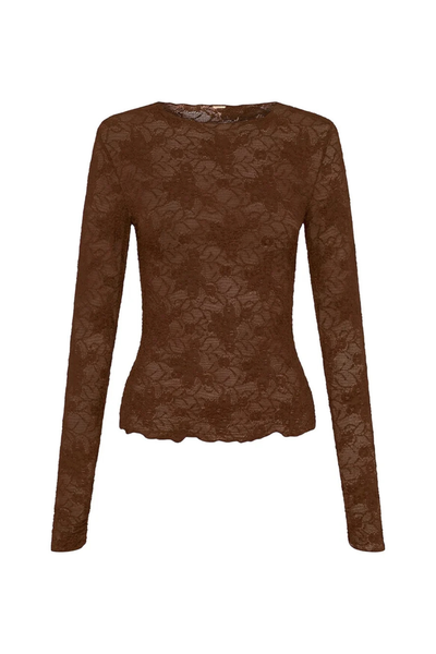 A ghost mannequin studio product display of the Victoria Lace Top in chocolate brown against a white background, captured without a model. This isolated flat view emphasizes the symmetry of the high-stretch garment, detailing the long slim sleeves, the structured high neck shape, and the wavy babylock hem finish of the unlined floral lace.