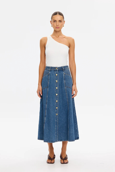 SHOP KIVARI RITA DENIM MIDI SKIRT IN DRIFT BLUE ONLINE