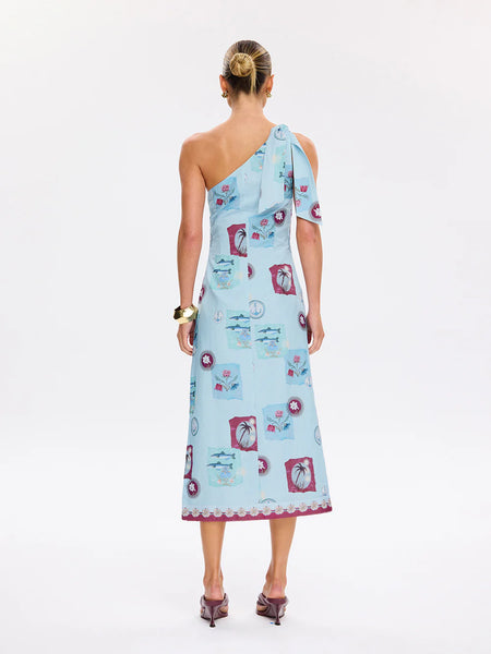Full back view of the Sintra Midi Dress in Blue, illustrating the clean zip-closure profile and the consistent tiered embroidery across the rear of the skirt.