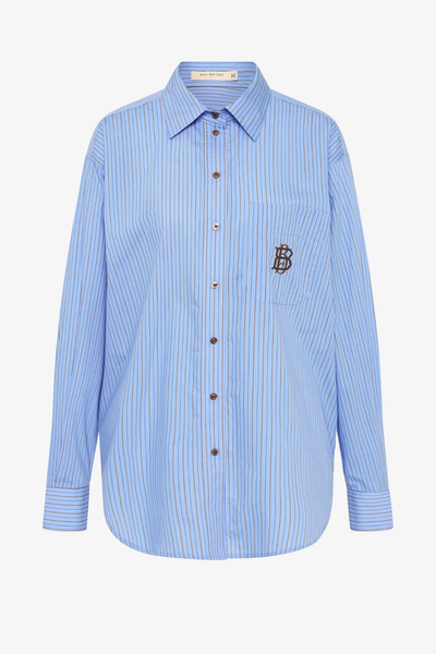 Oversized Linus Shirt in Chambray Blue and white stripes, featuring a menswear-inspired silhouette and a classic button-down front.