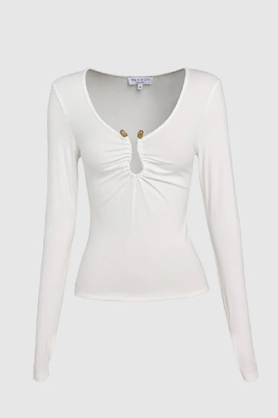 MADISON THE LABEL - LEANNE LONG SLEEVE TOP - WHITE - PERTH STOCKIST - AUSTRALIAN STOCKIST - WA STOCKIST - AUSTRALIA STOCKIST - AUS STOCKIST - PERTH BOUTIQUE - WA BOUTIQUE - AUS BOUTIQUE - AUSTRALIA BOUTIQUE 