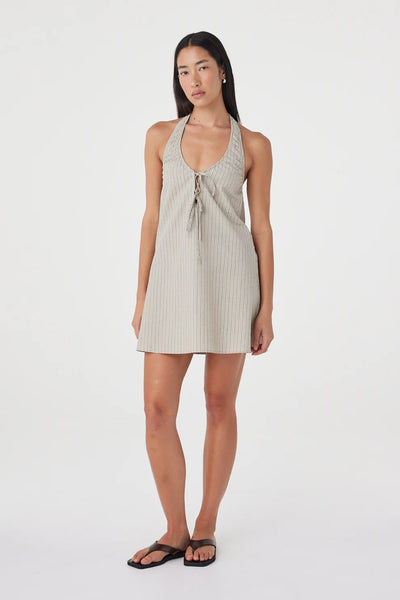 Direct front view emphasizing the textured 100% cotton taupe stripe fabric and adjustable front bow detailing.