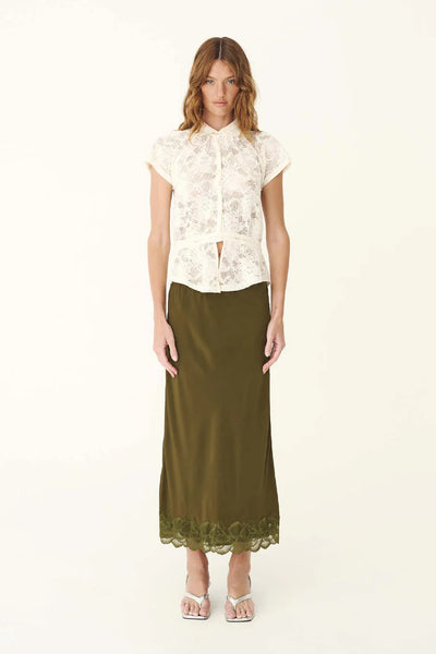 SHOP ROWIE MARINA SILK MIDI SKIRT IN OLIVE ONLINE