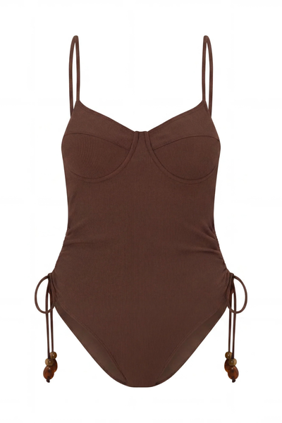 E-commerce product shot of the chocolate brown ribbed underwire one-piece swimsuit displayed flat against a plain white background, showing the sweetheart neckline and side-tie details.
