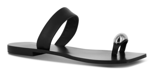 A side profile studio view facing forward of the Senso Olga flat leather sandal in ebony black. The shot highlights the ultra-low 10mm resin sole, the structured curve of the wide midfoot upper strap, and the reflective silver metallic hardware detail on the toe loop.