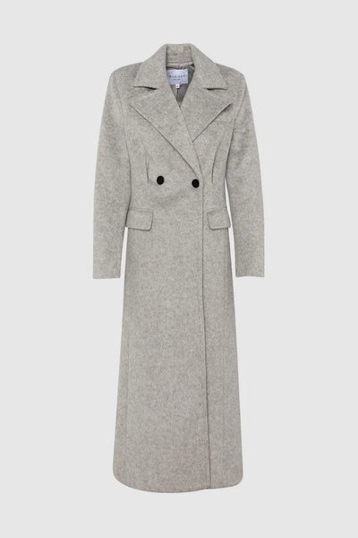 A ghost mannequin studio packshot of the light grey wool blend longline trench coat, displaying its structured winter silhouette, symmetrical waist pleating, front feature pockets, and inner lining details.