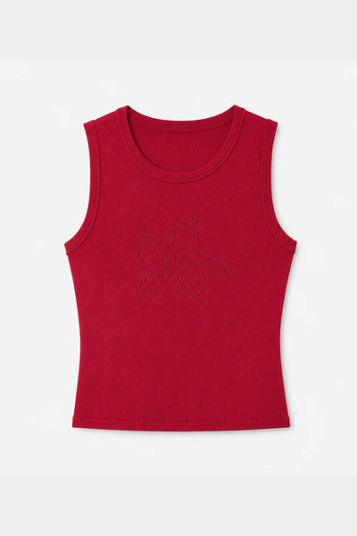 Flat lay product shot of the Ownley Inka Top in Lipstick, showing a bright red sleeveless knitted tank top with a crew neck and pointelle floral design on the chest.
