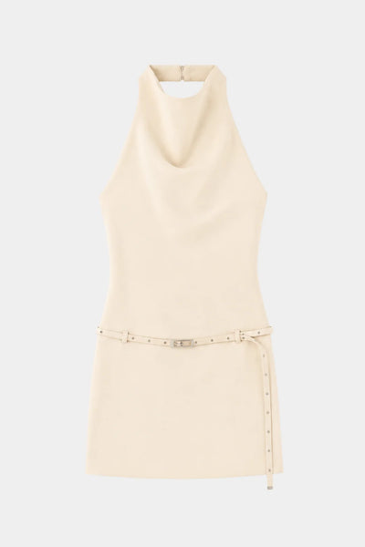 Flat lay product shot of the Ownley Sammie Mini Dress in Cream, showing a halter neckline with a subtle cowl front and thin detachable waist belt with silver hardware.