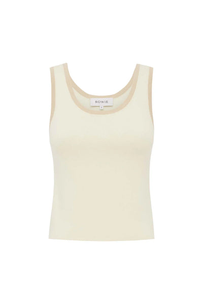 Ghost mannequin display of the ROWIE Blake Contrast Knit Tank in Oat Milk on a white background, featuring the flat knit cotton design, scoop neck, and contrasting trim.