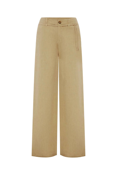 Ghost mannequin display of the ROWIE Carlotta Linen Curve Pants in Khaki against a white background, featuring the relaxed barrel-leg shape, mid-rise waistband, and fabric tie belt.