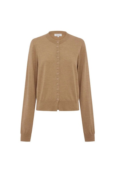 Ghost mannequin display of the ROWIE Maeve Merino Spring Cardigan in Fawn Marle on a plain background, featuring the 100% superfine merino knit design, button-through front, and ribbed hem.