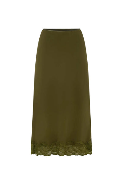 Ghost mannequin display of the ROWIE Marina Silk Midi Skirt in Olive against a clean background, highlighting the elasticated waistband, fluid 100% silk crepe fabric, and delicate scalloped lace hem.