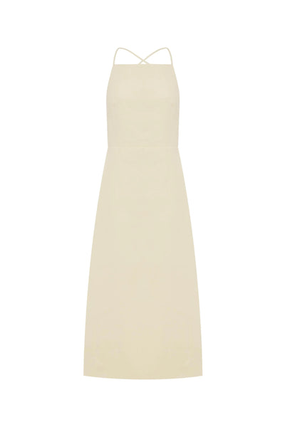 Ghost mannequin front product shot of the butter creme linen twill midi dress against a clean white background.