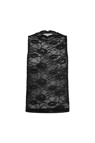 Ghost mannequin front product shot of the black sheer rose lace tank against a clean white background.